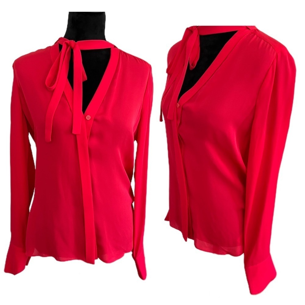 BCBGMaxAzria “Bellona” Red Tie-Neck Blouse (Sz S) NWT - Picture 2 of 12